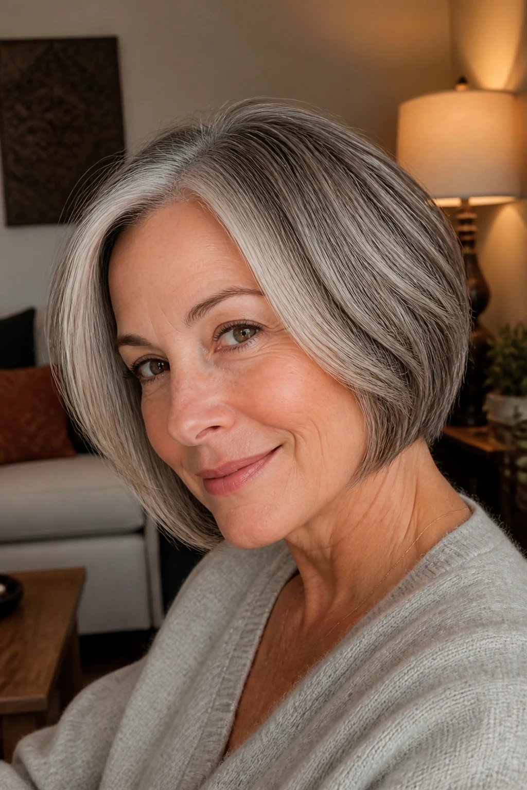 Real woman with chin-length layered bob and subtle side part in warm living room light.