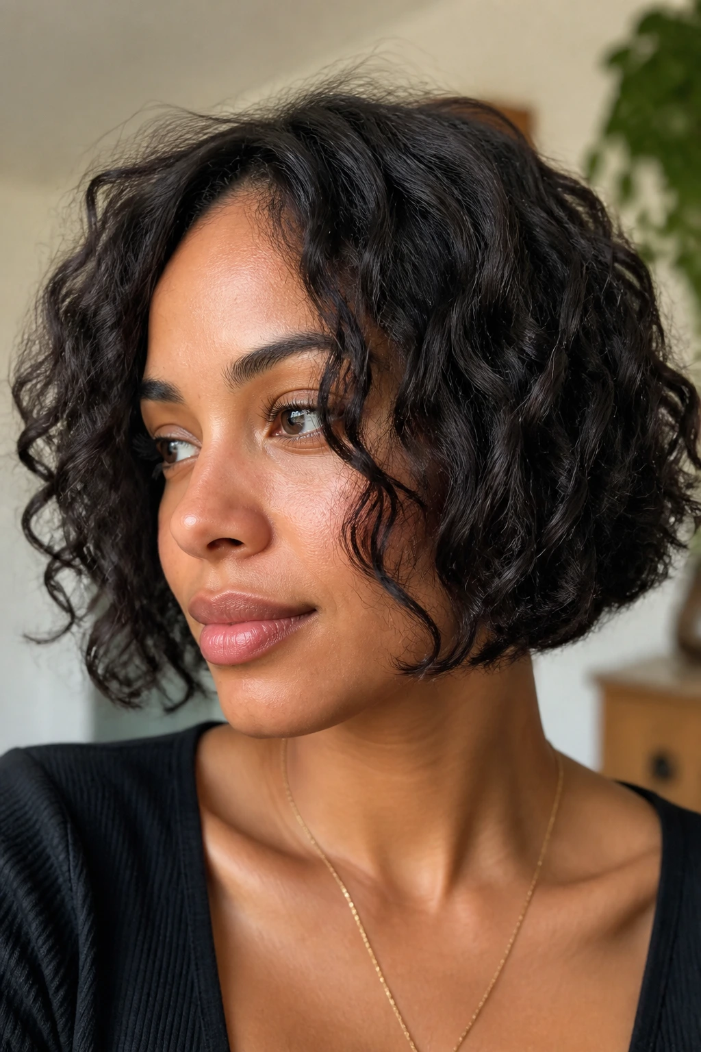 Close-up portrait of real woman with chin-length layered bob.