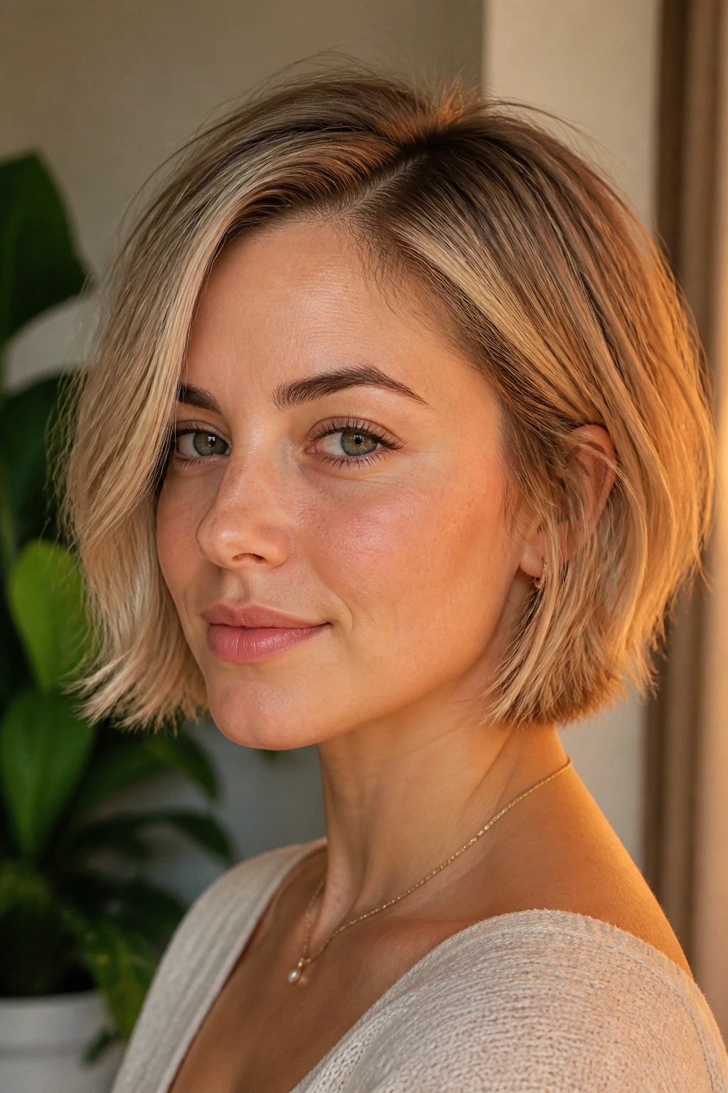 Close-up portrait of chin-length layered bob with side part