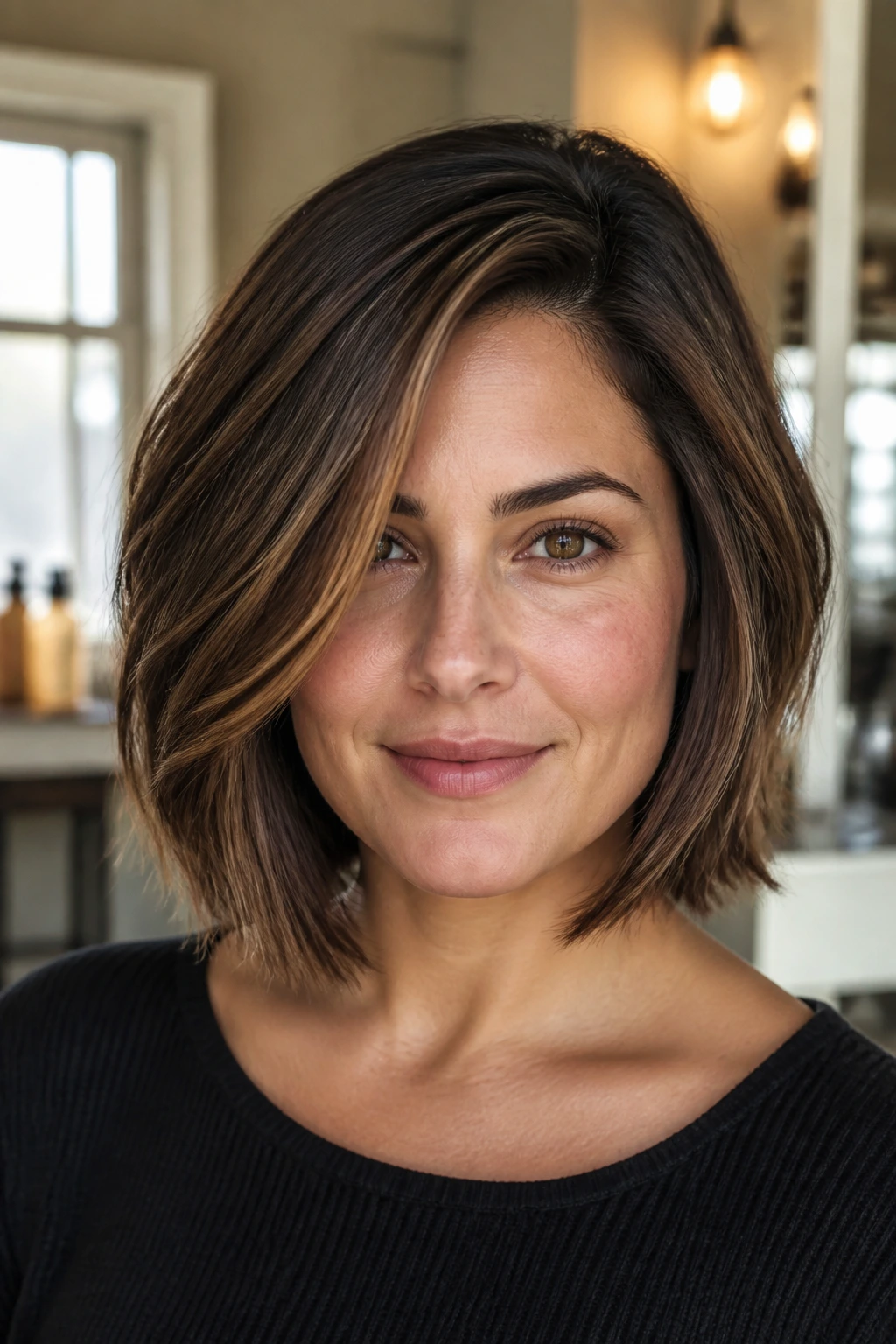Portrait of a woman with chin-length layered haircut and side part