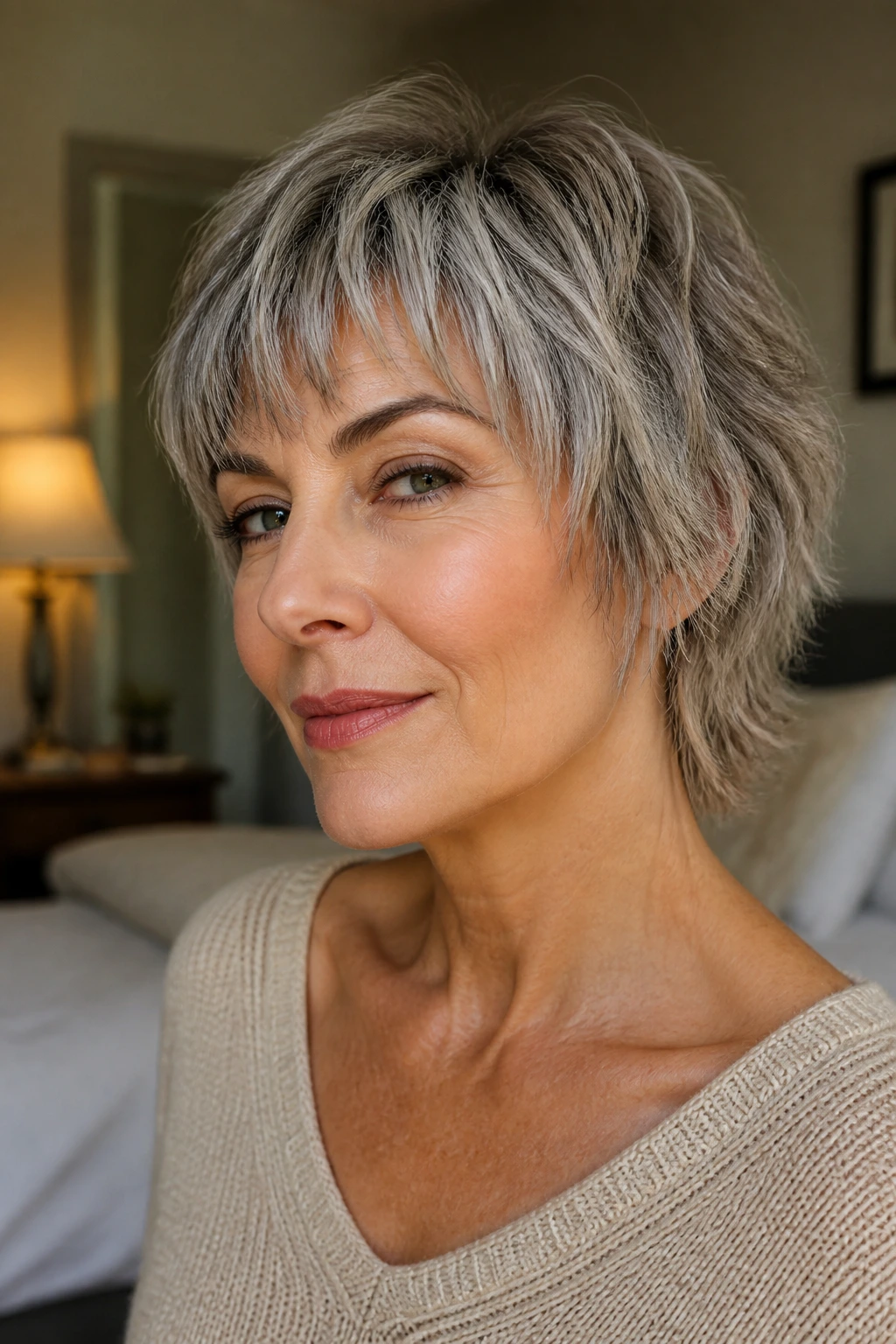 Portrait of a woman with chin-length micro shag hairstyle