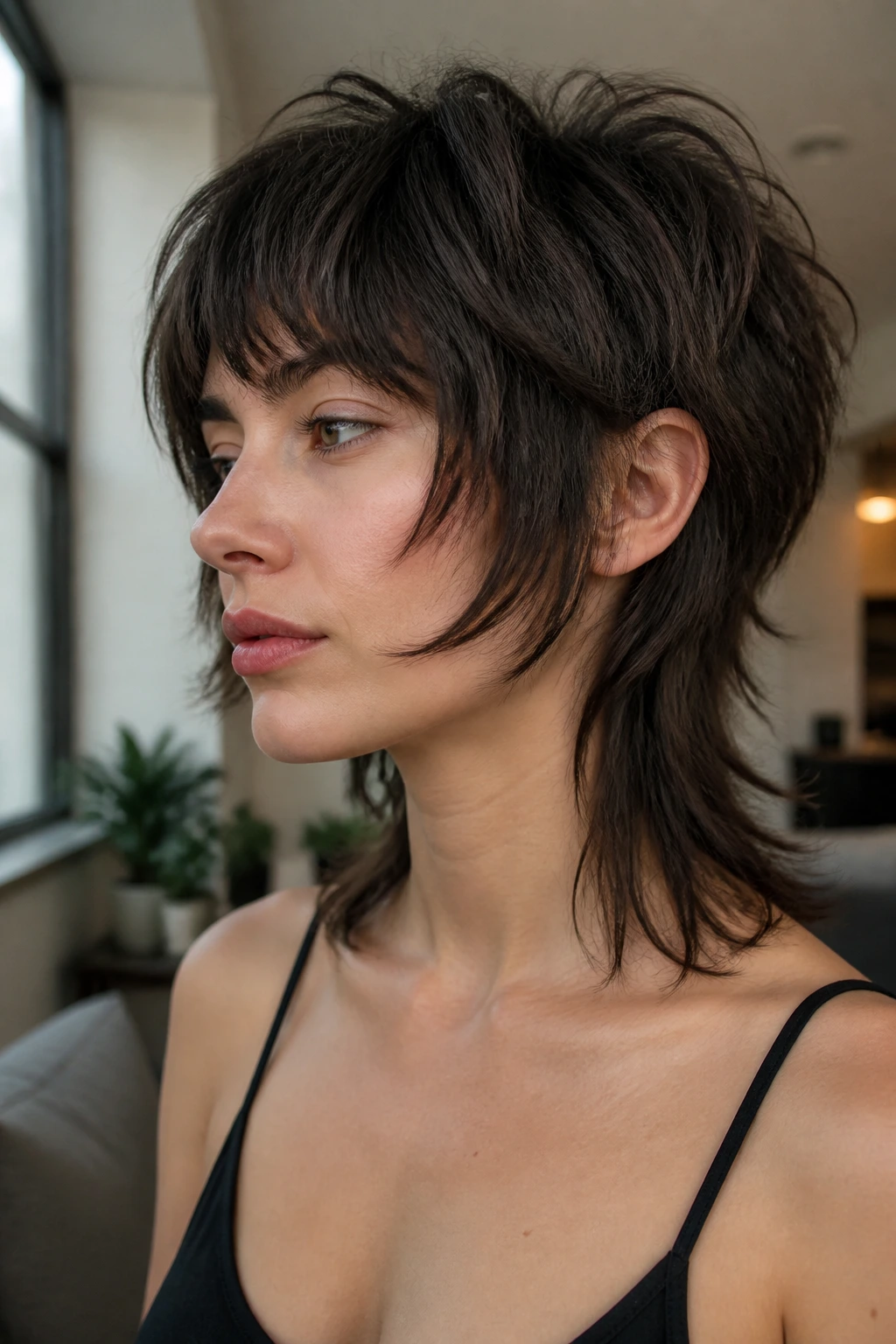 Close-up portrait of a real woman with chin-length choppy mullet highlighting front and jagged edges