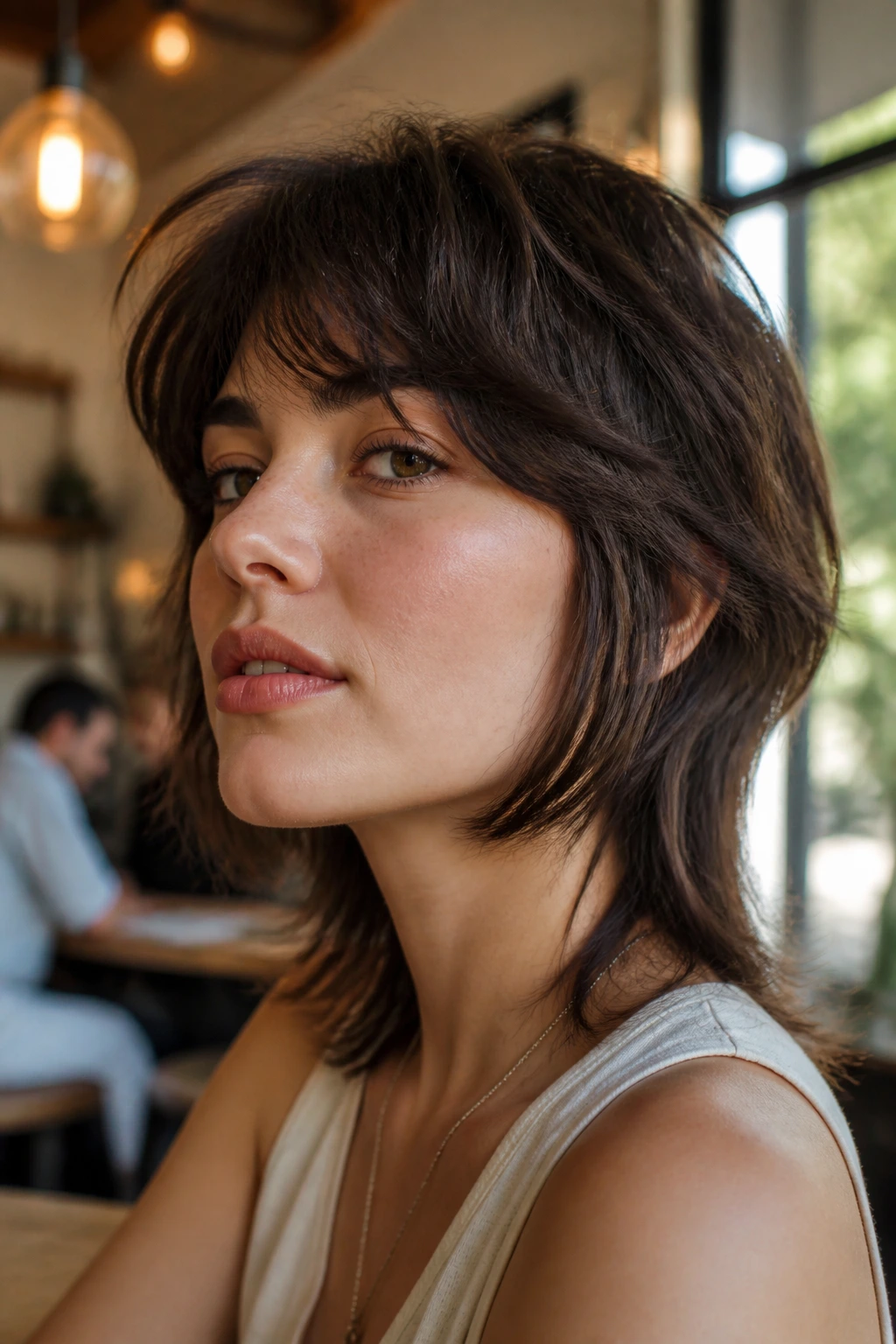 Close-up portrait of a real woman with chin-length mullet and longer back