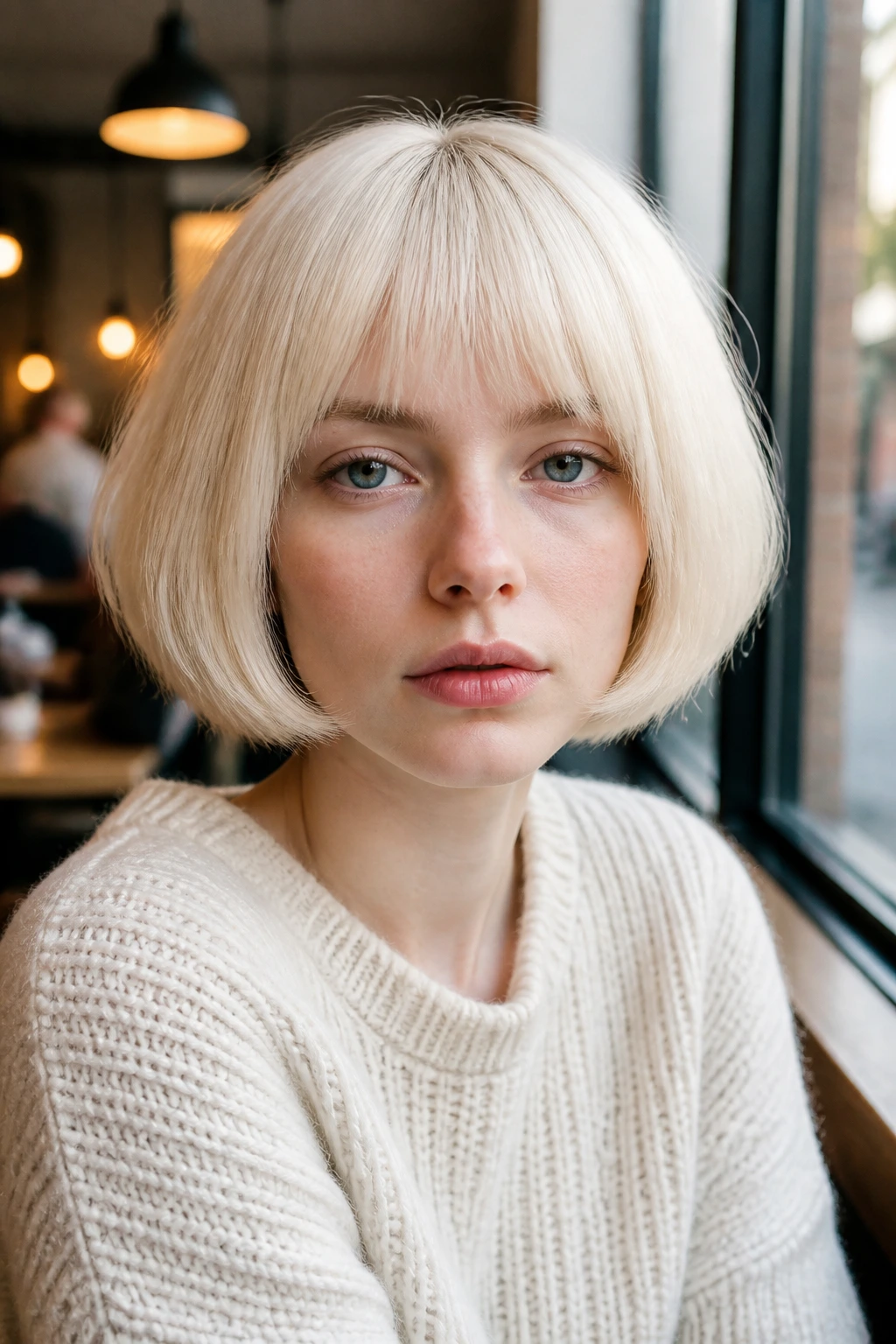 Close-up of a real person with a chin-length pageboy on pale skin at a sunny cafe window