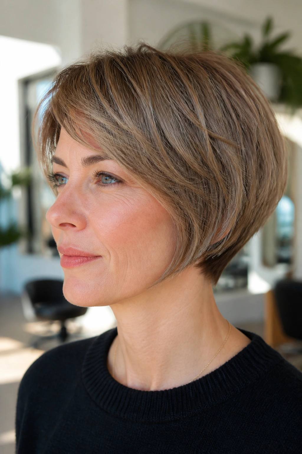 Portrait of a woman with a chin-length pixie bob showing clean lower line and crown layers