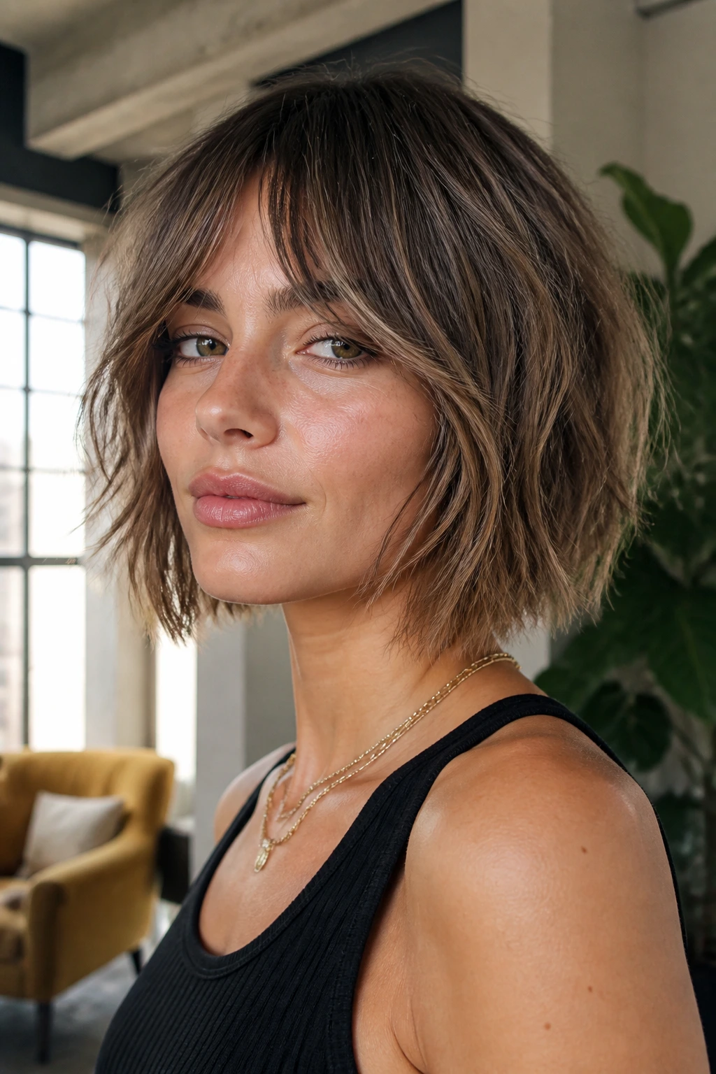 Portrait of a person with chin-length razor shag and curtain fringe in natural light