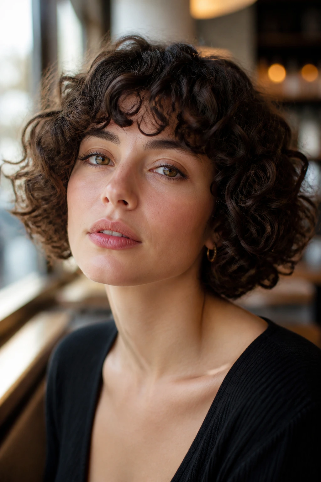 Real-person portrait with chin-length ringlet bob showing crisp curls at jawline