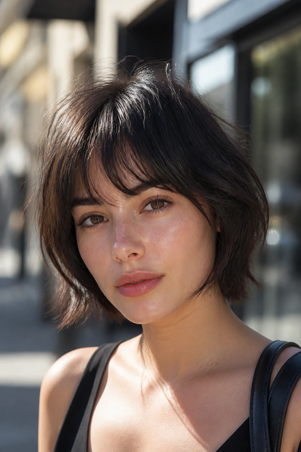 Real person with chin-length shag and airy tapered fringe in daylight.