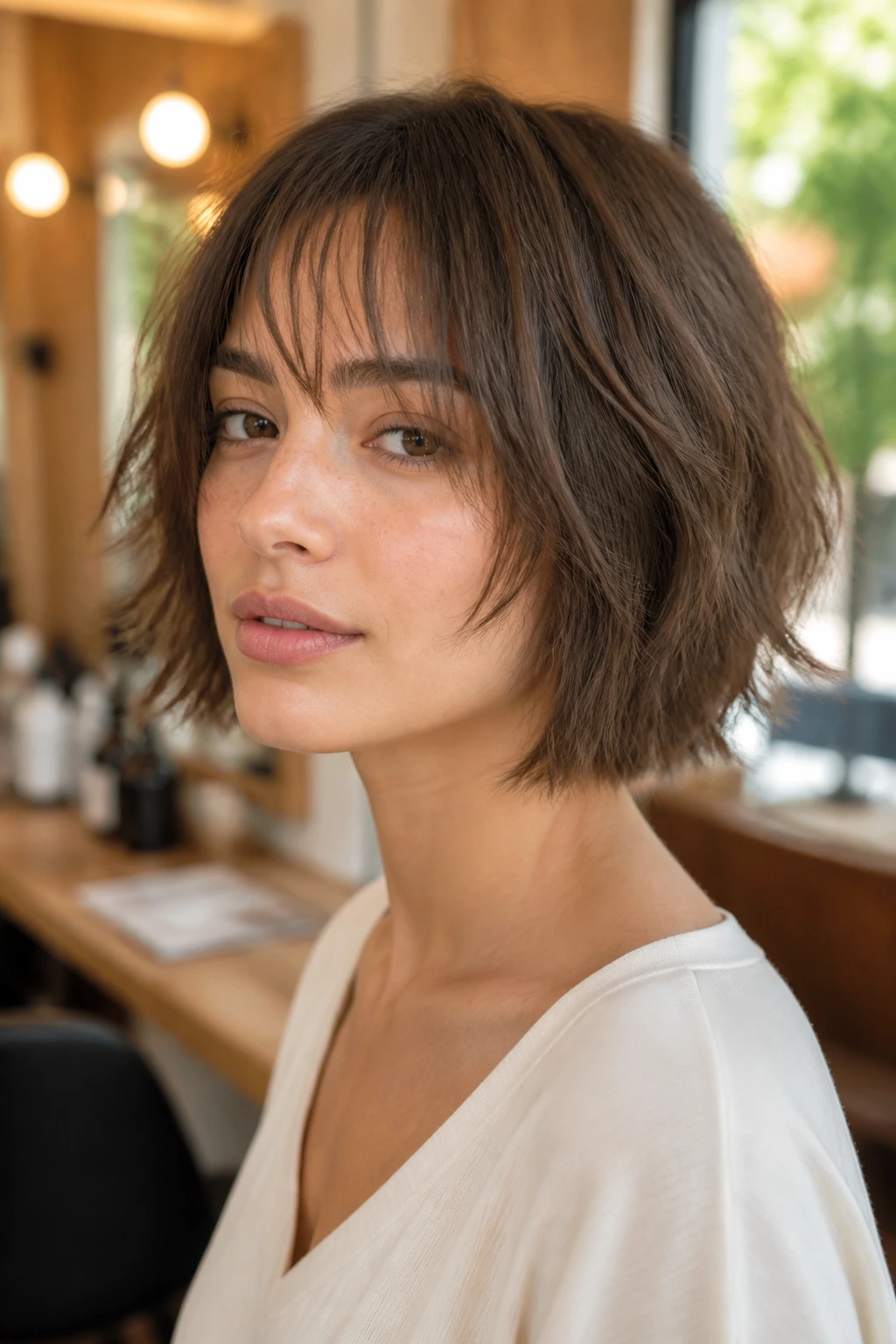 Real woman with chin-length shag bob and wispy bangs in soft daylight