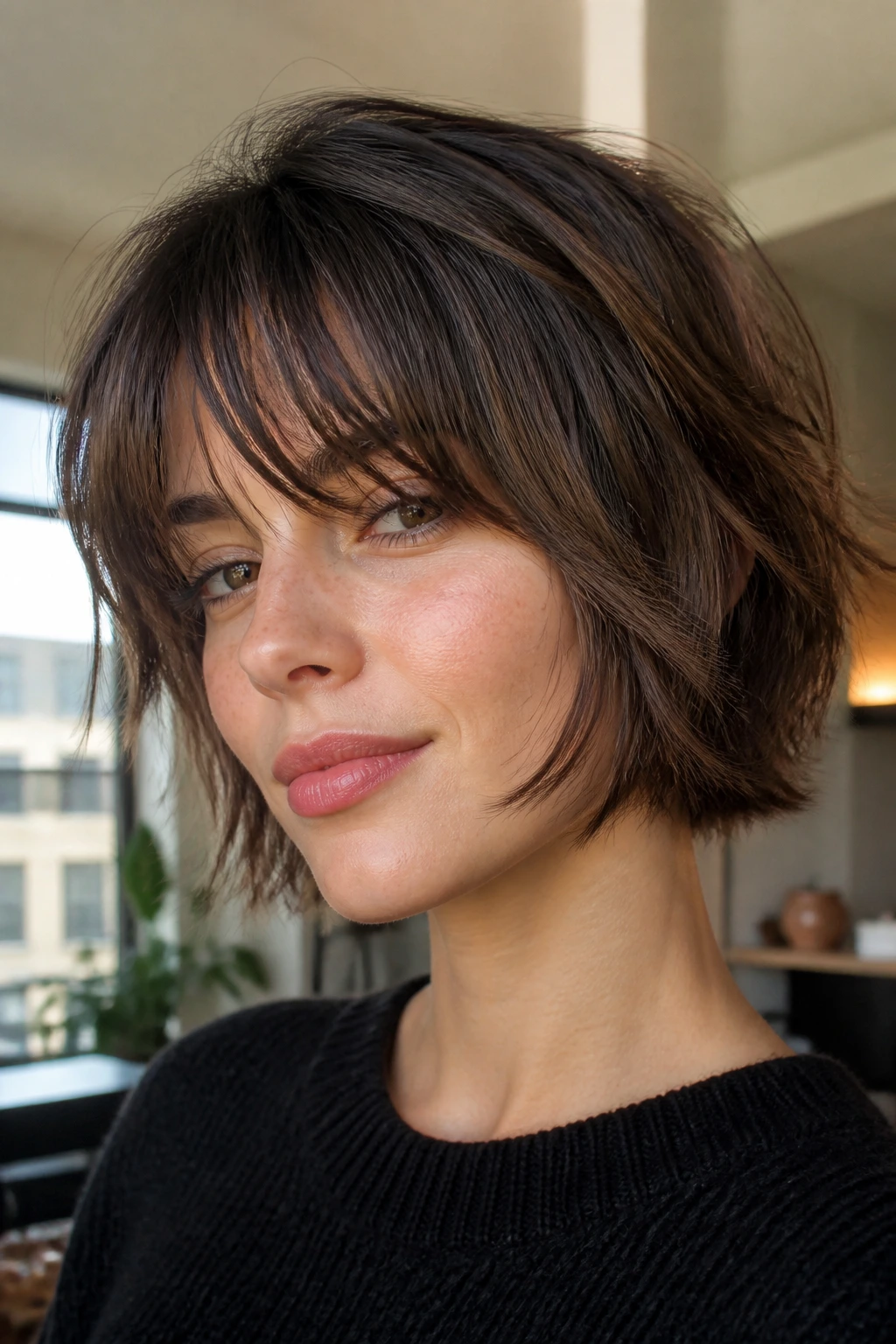 Close-up of real person with chin-length shag bob in morning light