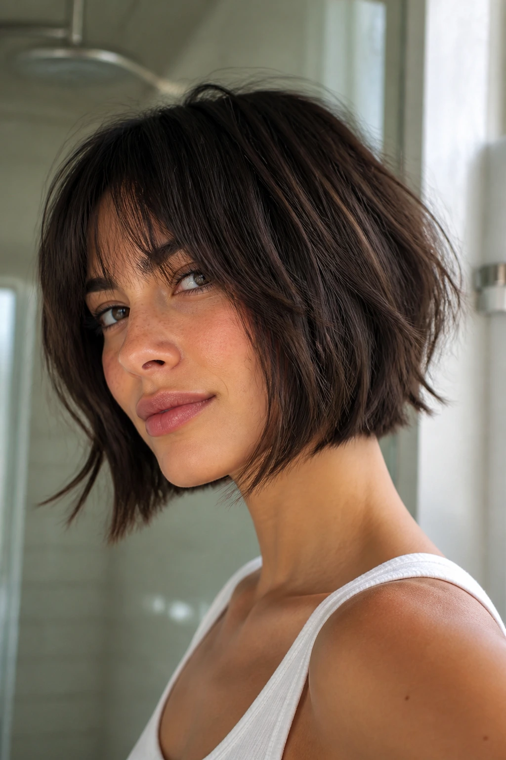 Portrait of a woman with chin-length shag bob with shattered ends and forward angle.