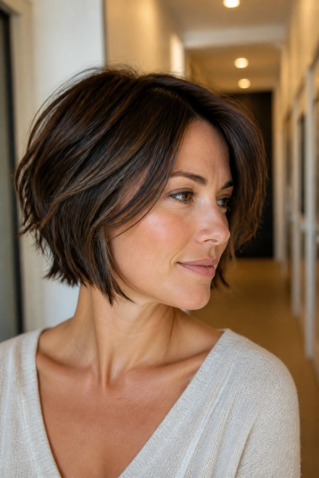 Close-up of a woman with chin-length choppy shag bob showing texture