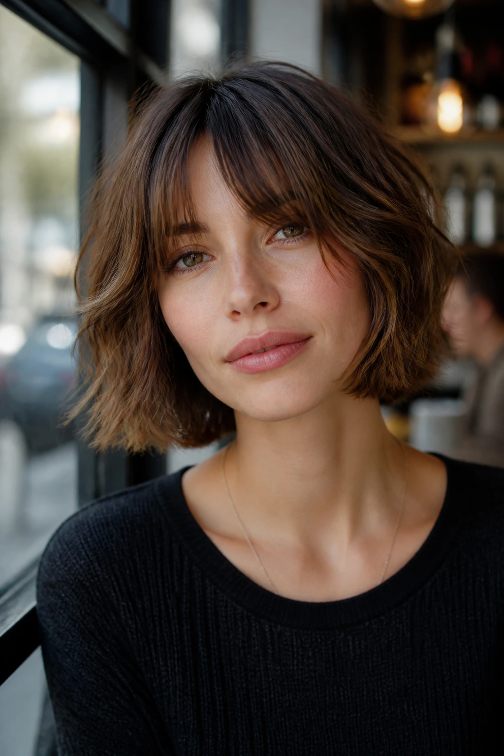Real woman with chin-length shag bob and bottleneck bangs in daylight