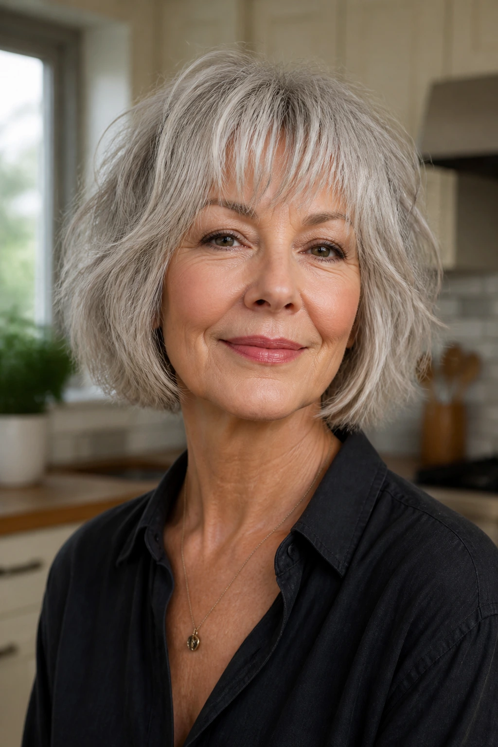 Real woman with chin-length shag bob and piecey fringe