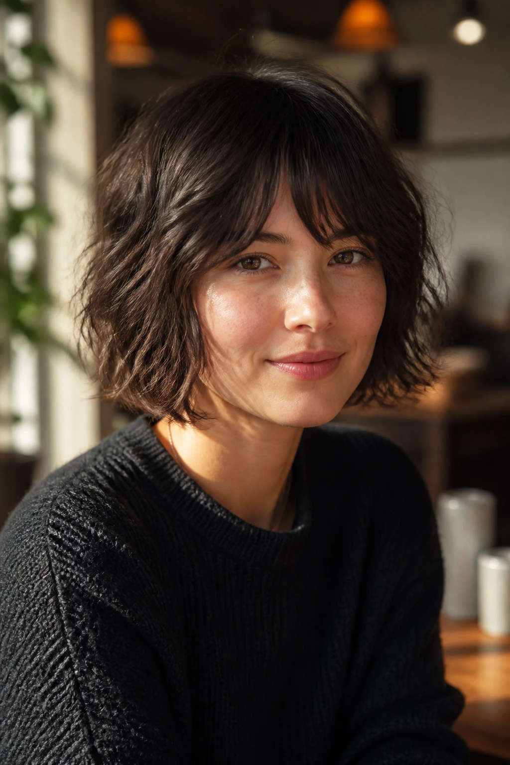 Real woman portrait with chin-length shag bob in natural cafe light