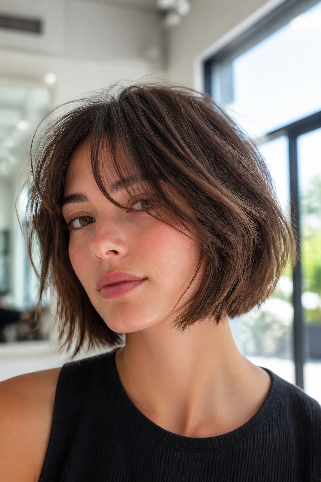Close-up portrait of a real person with airy chin-length shag bob.