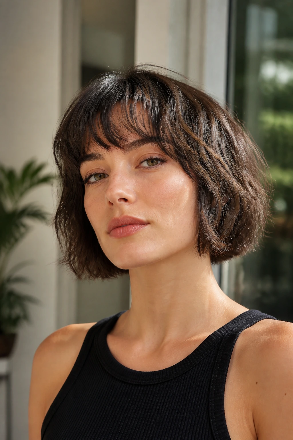 Real woman with chin-length shag bob and soft waves in bright room