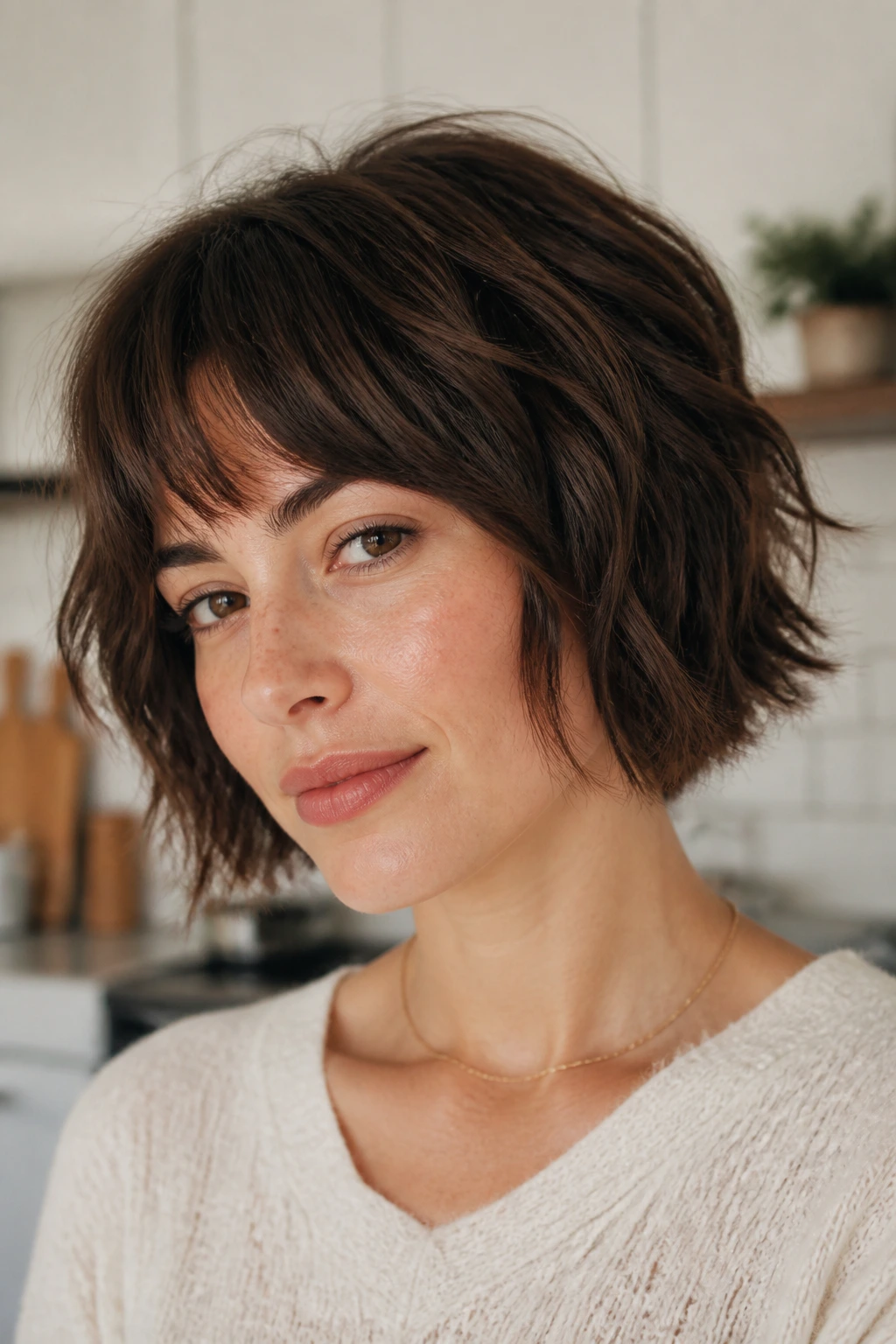 Close-up of chin-length shag bob with choppy layers on a real woman in bright kitchen light