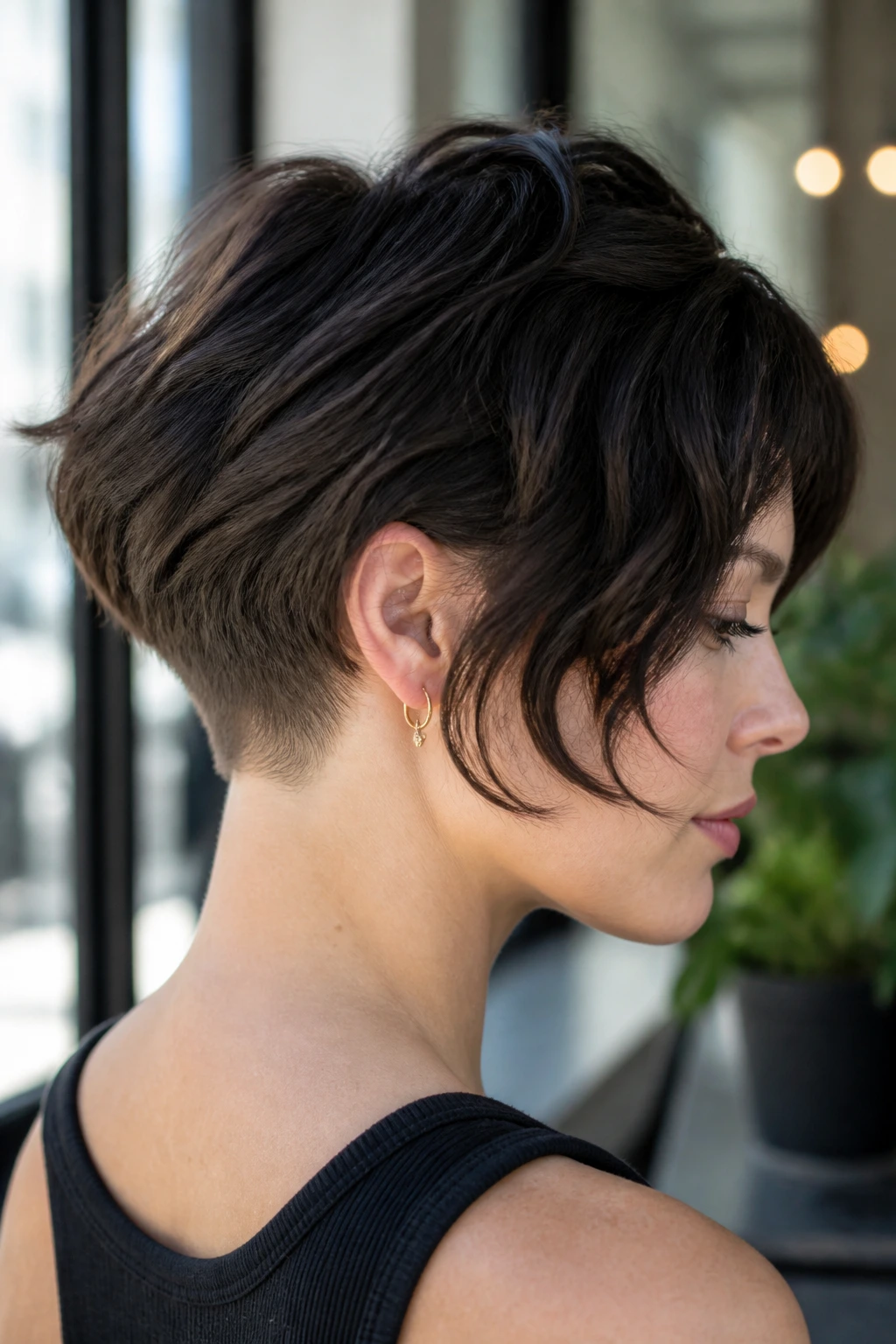 Portrait of a real person with chin-length shag bob and soft undercut