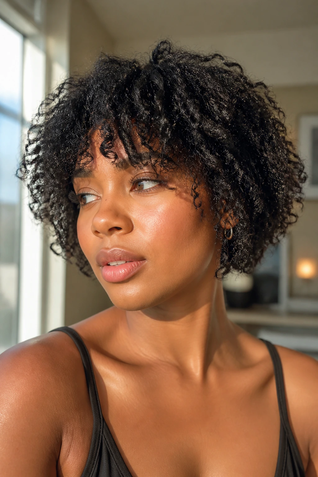 Close-up of a real Black woman with chin-length coily shag and soft edges