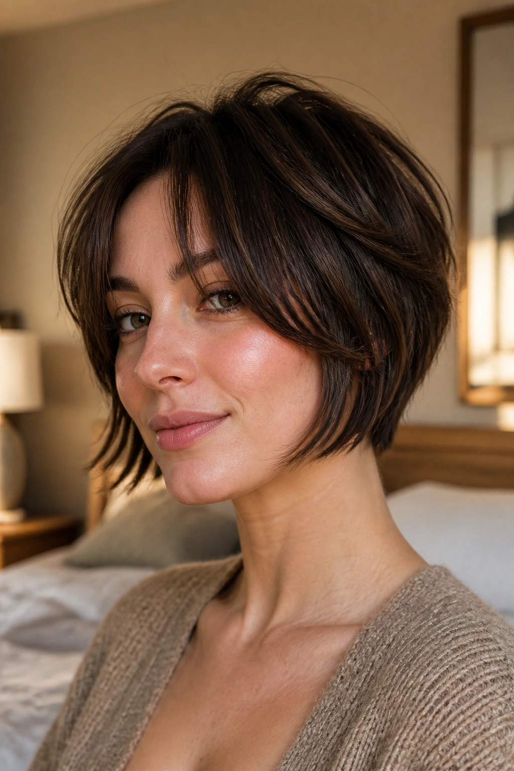 Real woman with chin-length stacked shag and curtain bangs in a softly lit room