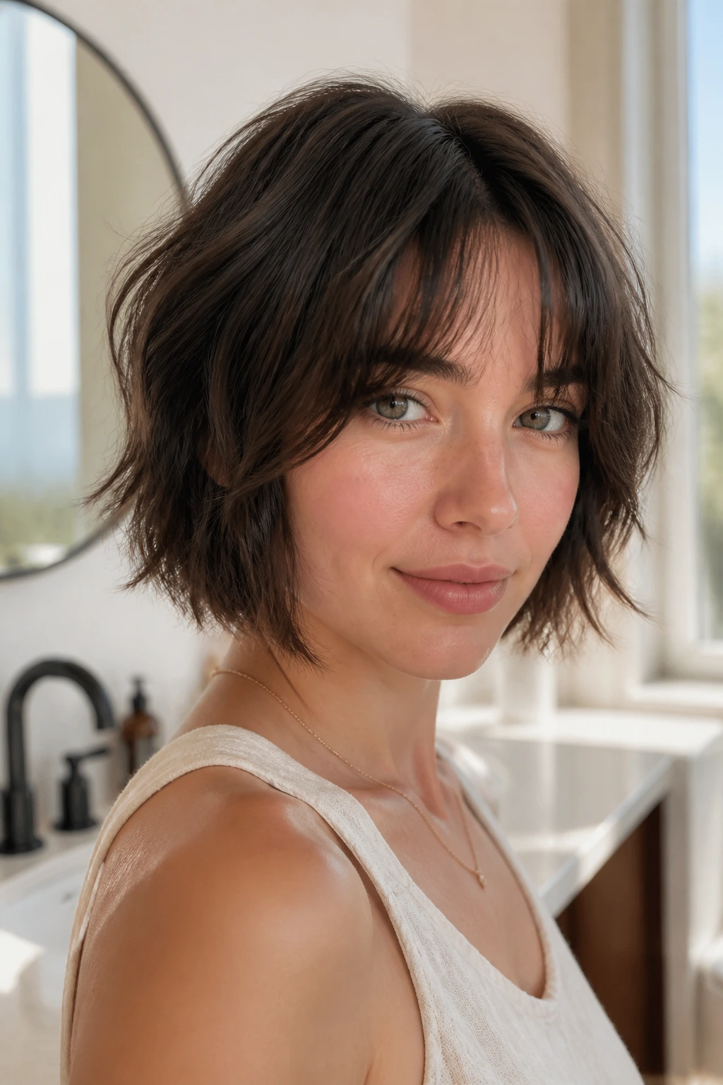 Close-up of chin-length shag and soft curtain bangs on a real woman