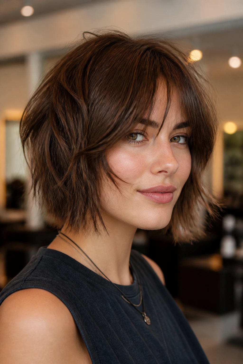 Close-up portrait of a real person with chin-length razored shag and curtain bangs.