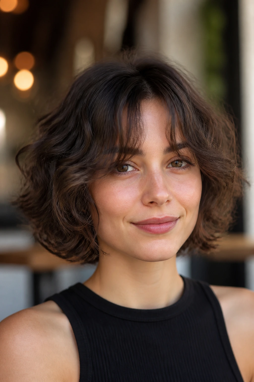 Portrait of a real person with chin-length shag and curtain fringe sweeping to cheeks
