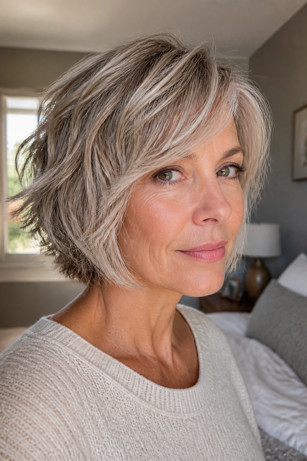 Close-up portrait of a real person with chin-length shag and soft face frame in warm daylight