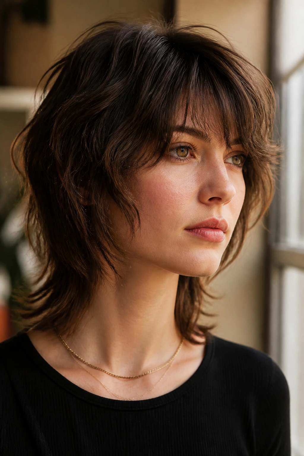 Portrait of a real woman with chin-length shag mullet and airy layers