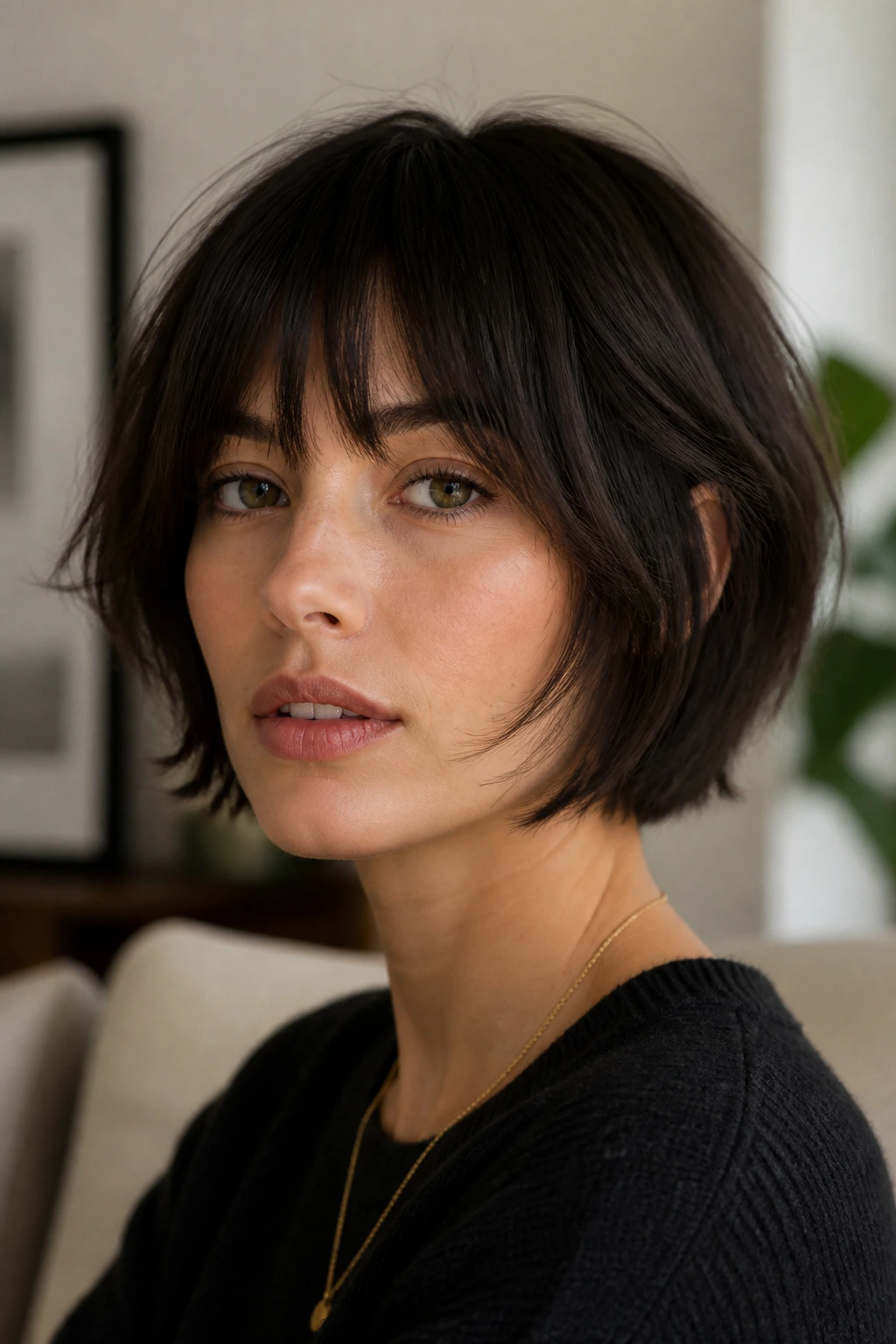 Chin-length French shag close-up on a real woman