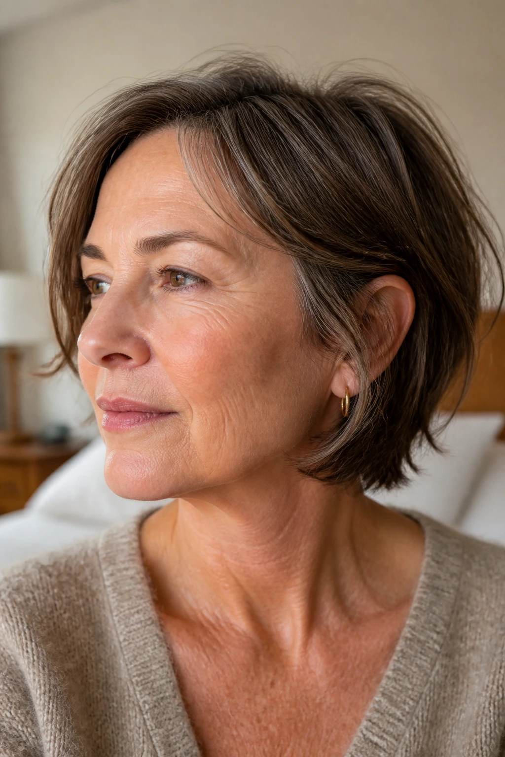 Close-up portrait of a real woman with chin-length grown-out shag, jaw-skimming length and soft layers