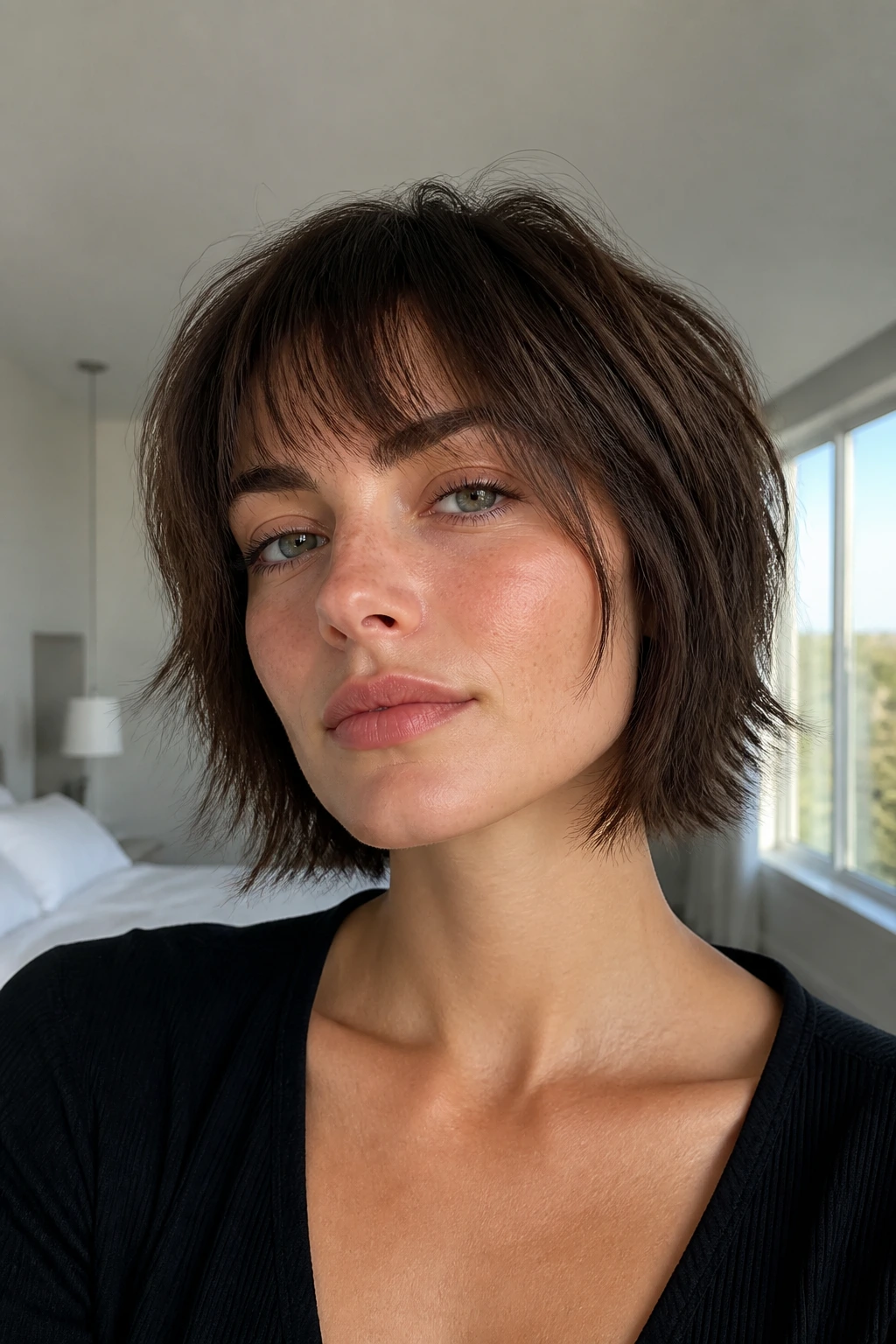 Close-up portrait of a real person with chin-length shag and razor-edged jawline