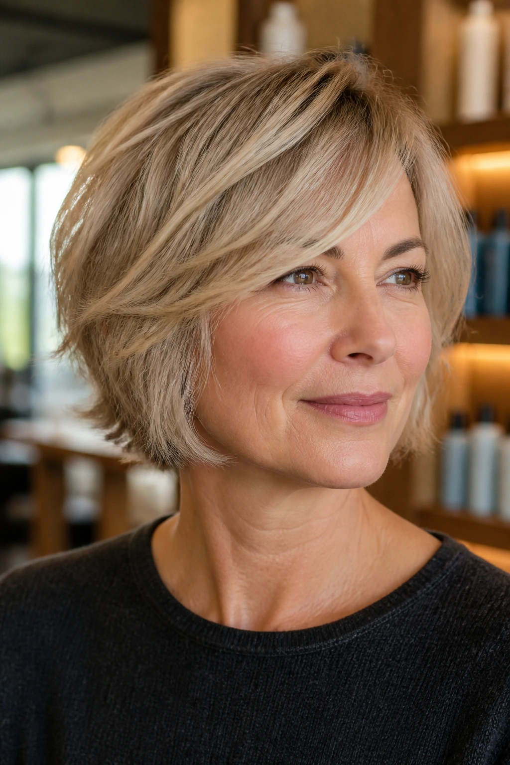 Close-up of a real woman with chin-length shag and side-swept fringe in a warm salon setting