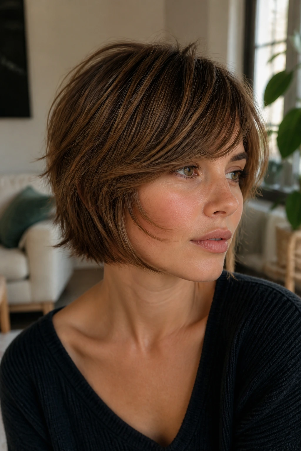 Close-up of a real woman with chin-length shag and swept fringe