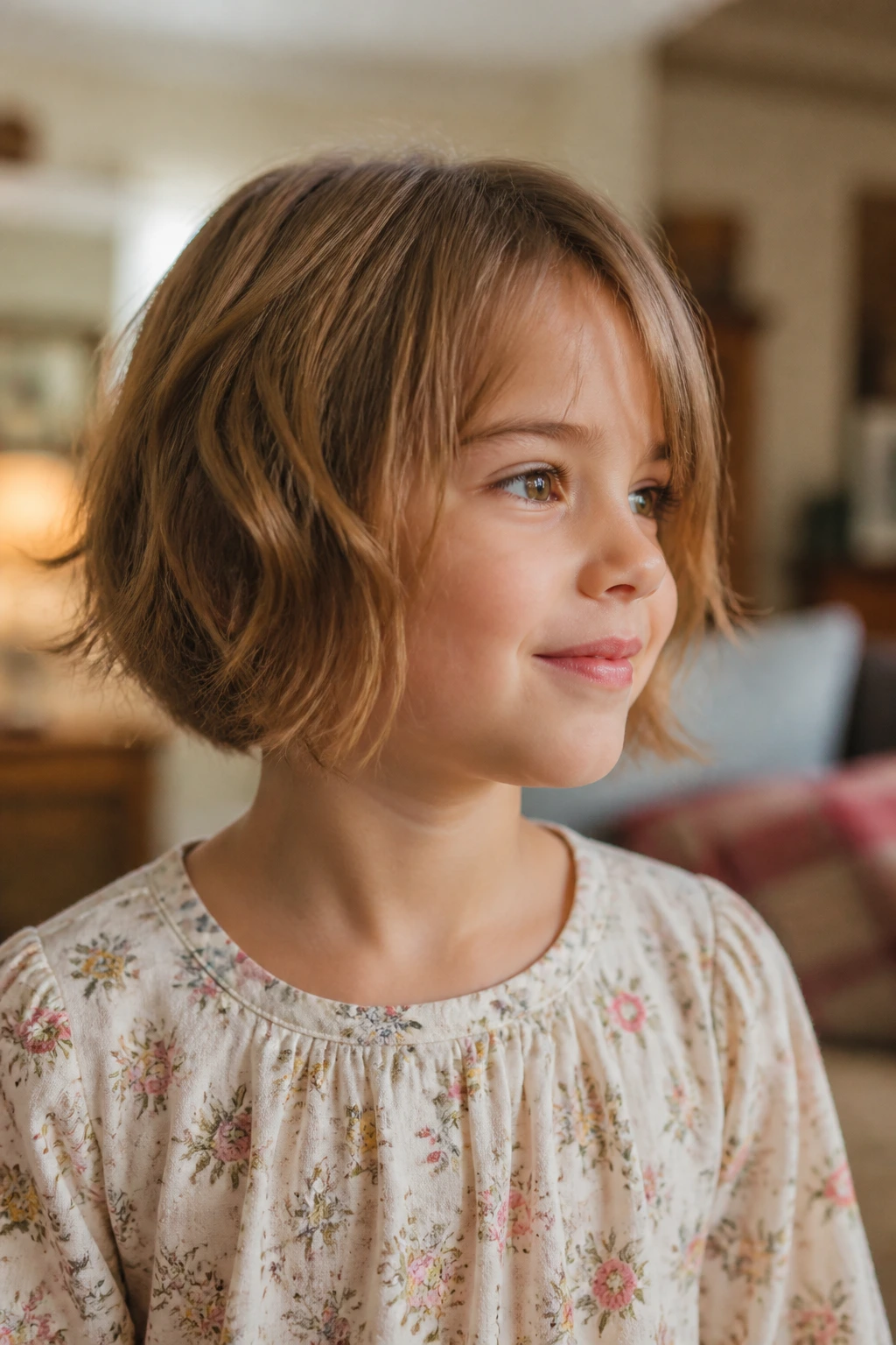 Child with chin-length shag and tapered ends close-up