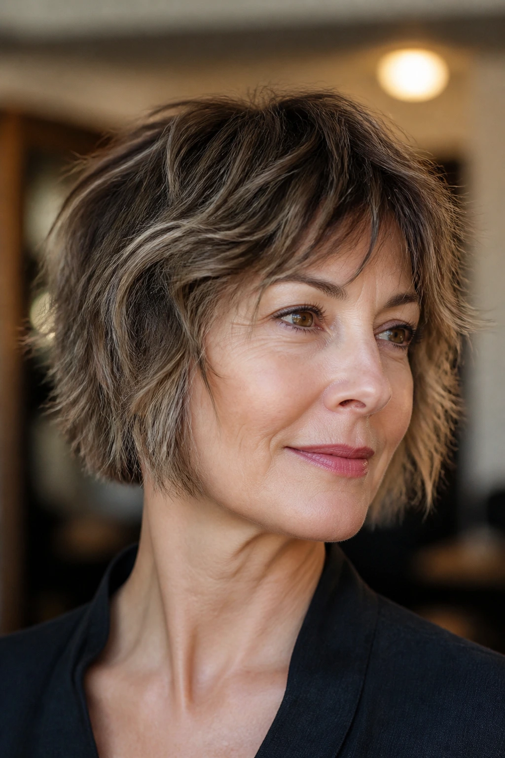 Close-up of a real woman with chin-length piecey shag showing texture