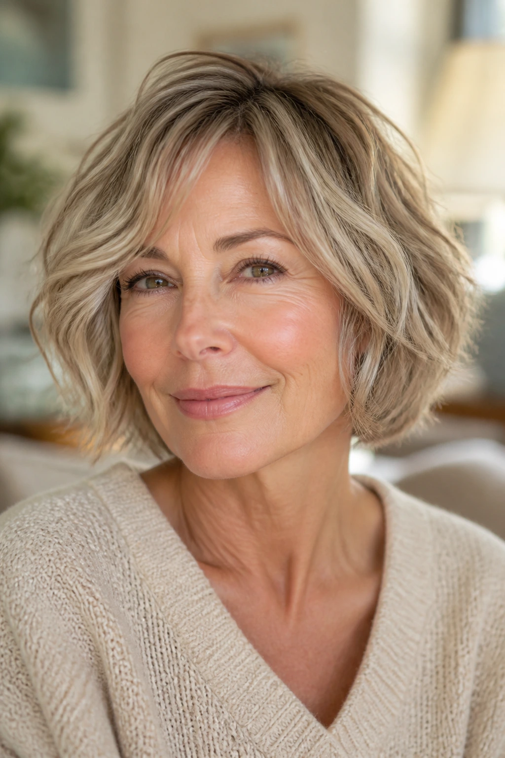 Chin-length shag with loose waves on real woman