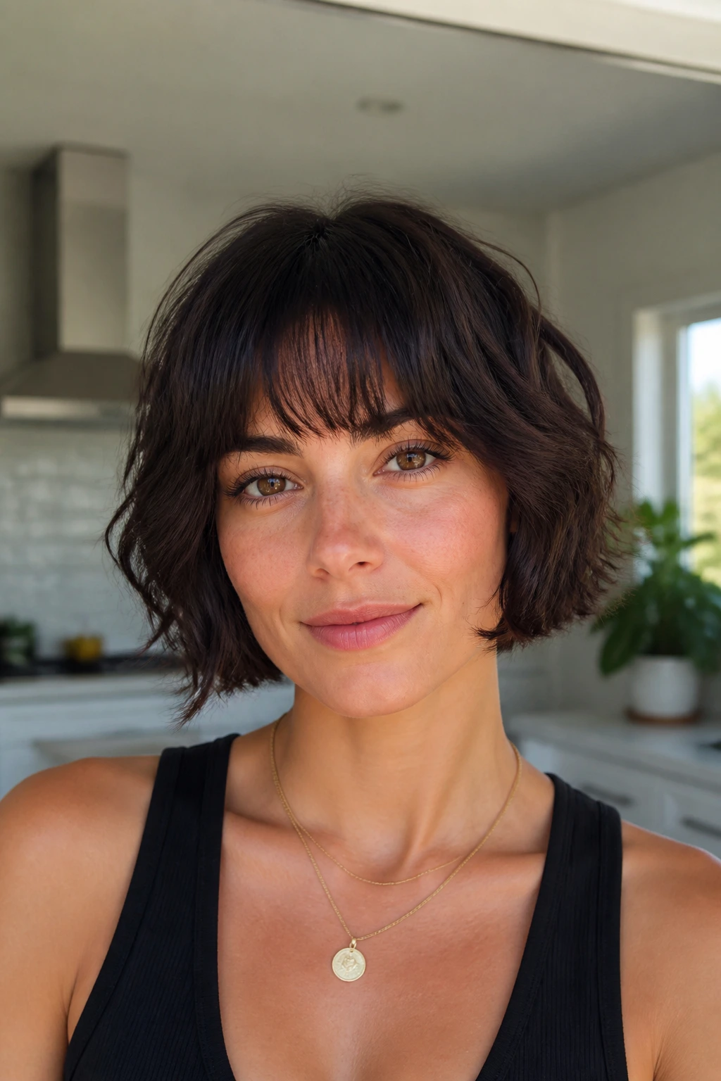 Brunette with choppy chin-length shaggy bob