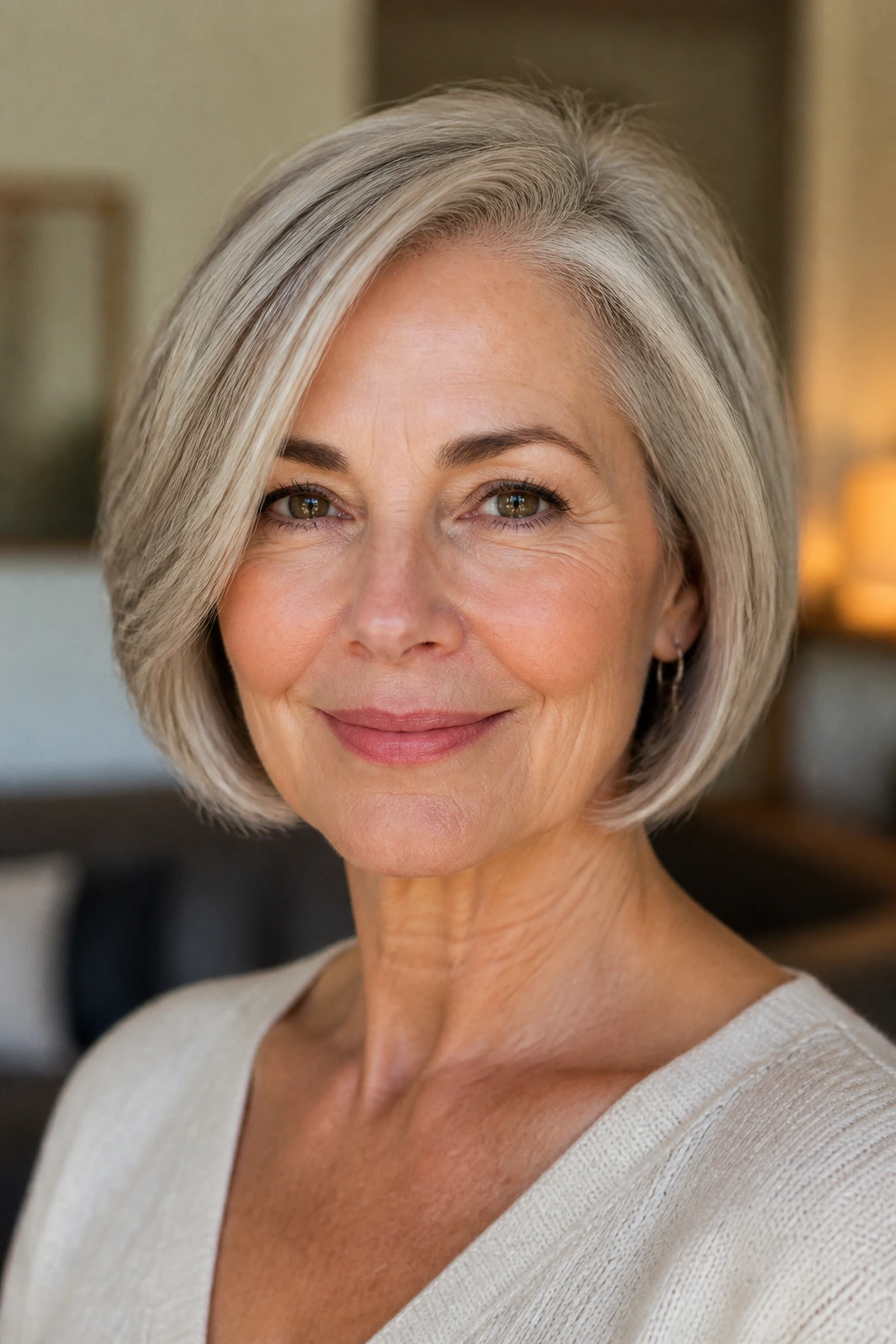 Real woman with chin-length side-part bob