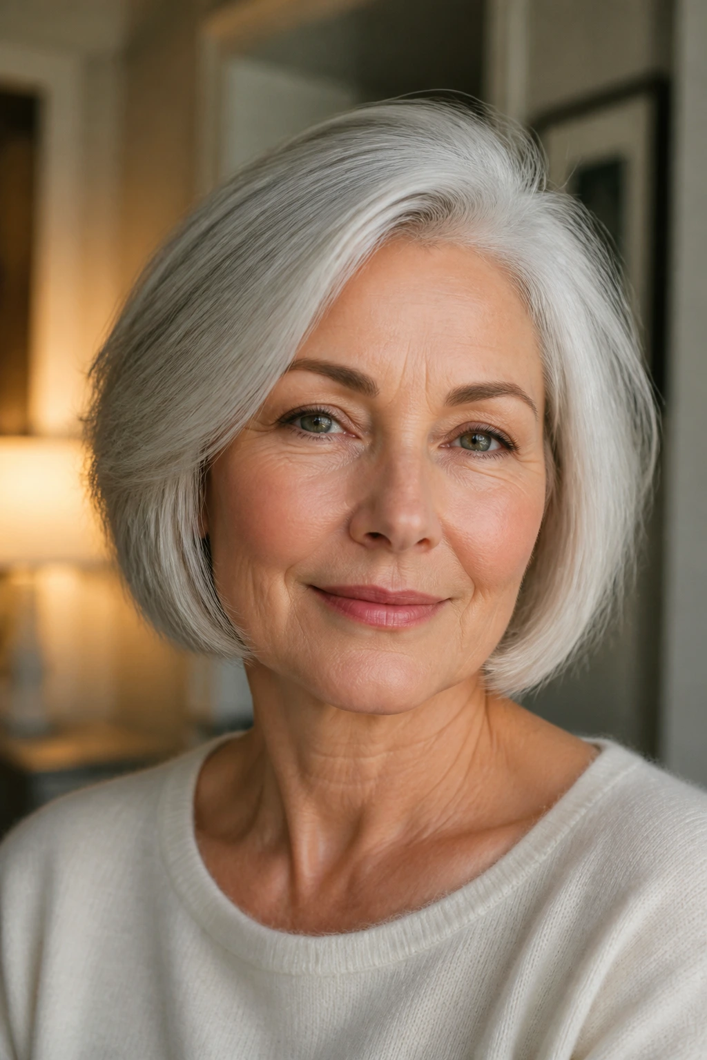 Close-up of a woman with a chin-length silver bob and soft ends