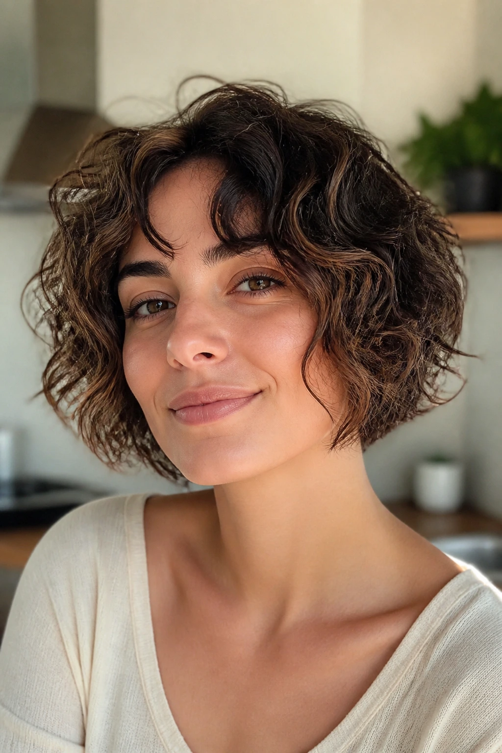 Close-up of a woman with chin-length hair featuring sliced ends in a bright home interior