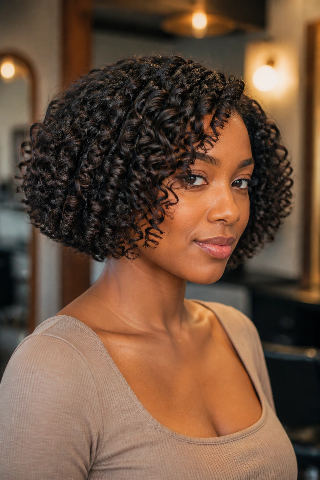 Close-up of a real person with a chin-length spiral bob.