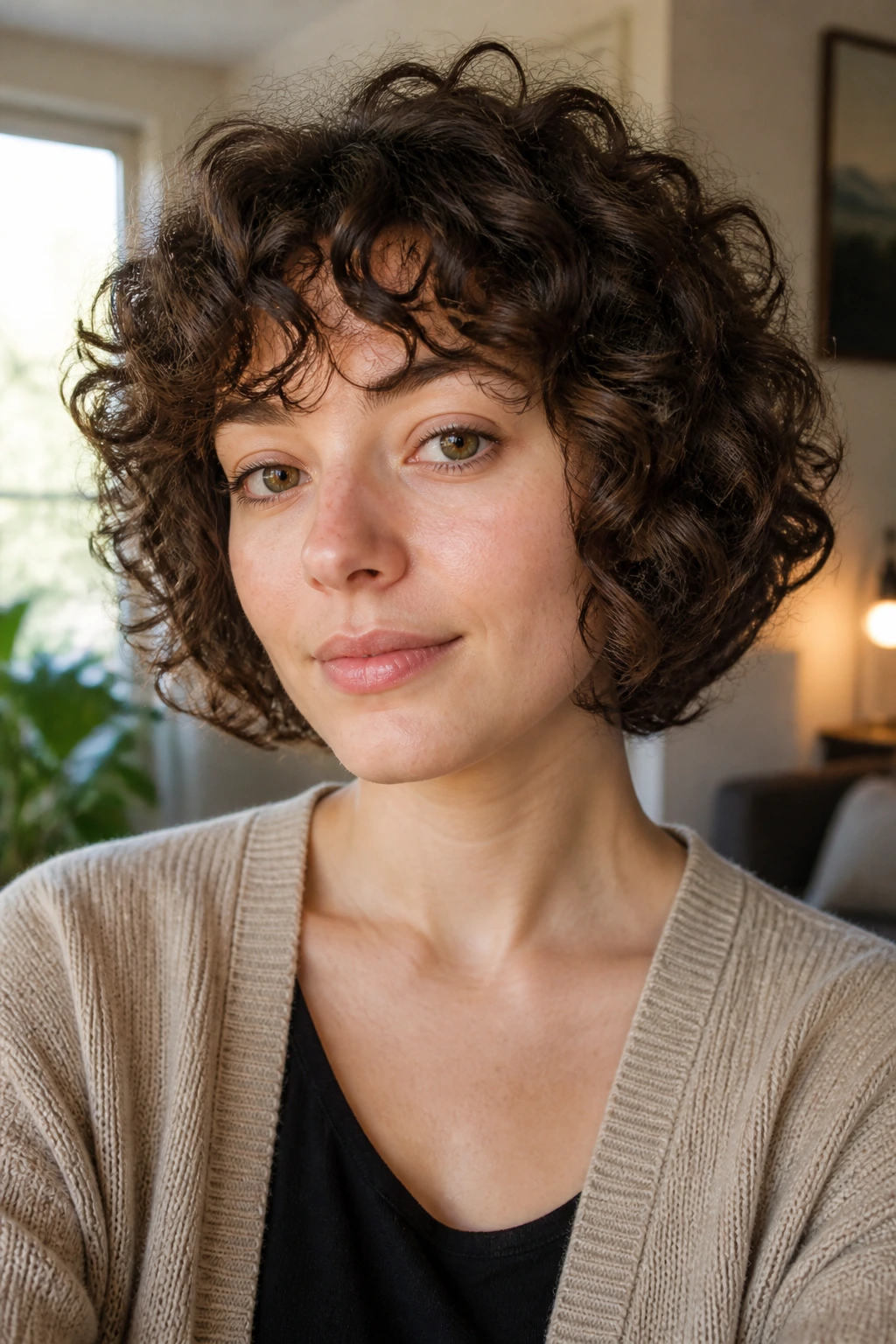 Close-up portrait of a real woman with chin-length spiral curls