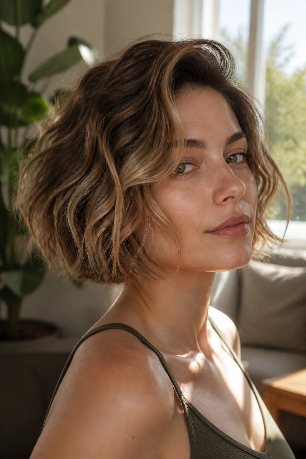Close-up of chin-length tousled bob showing movement and tidy perimeter