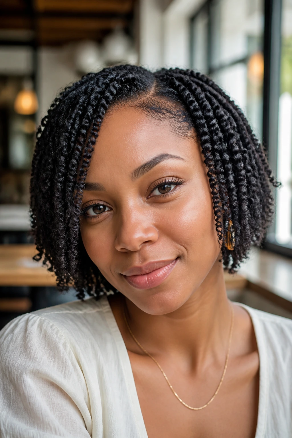 Close-up of a real woman with chin-length spring twist bob in a cafe setting