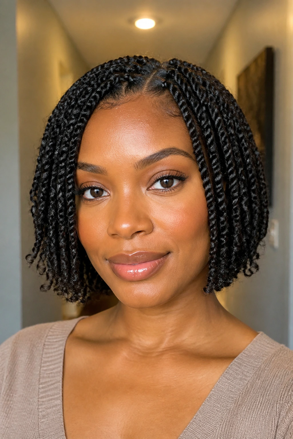 Real person with chin-length passion twist bob in portrait