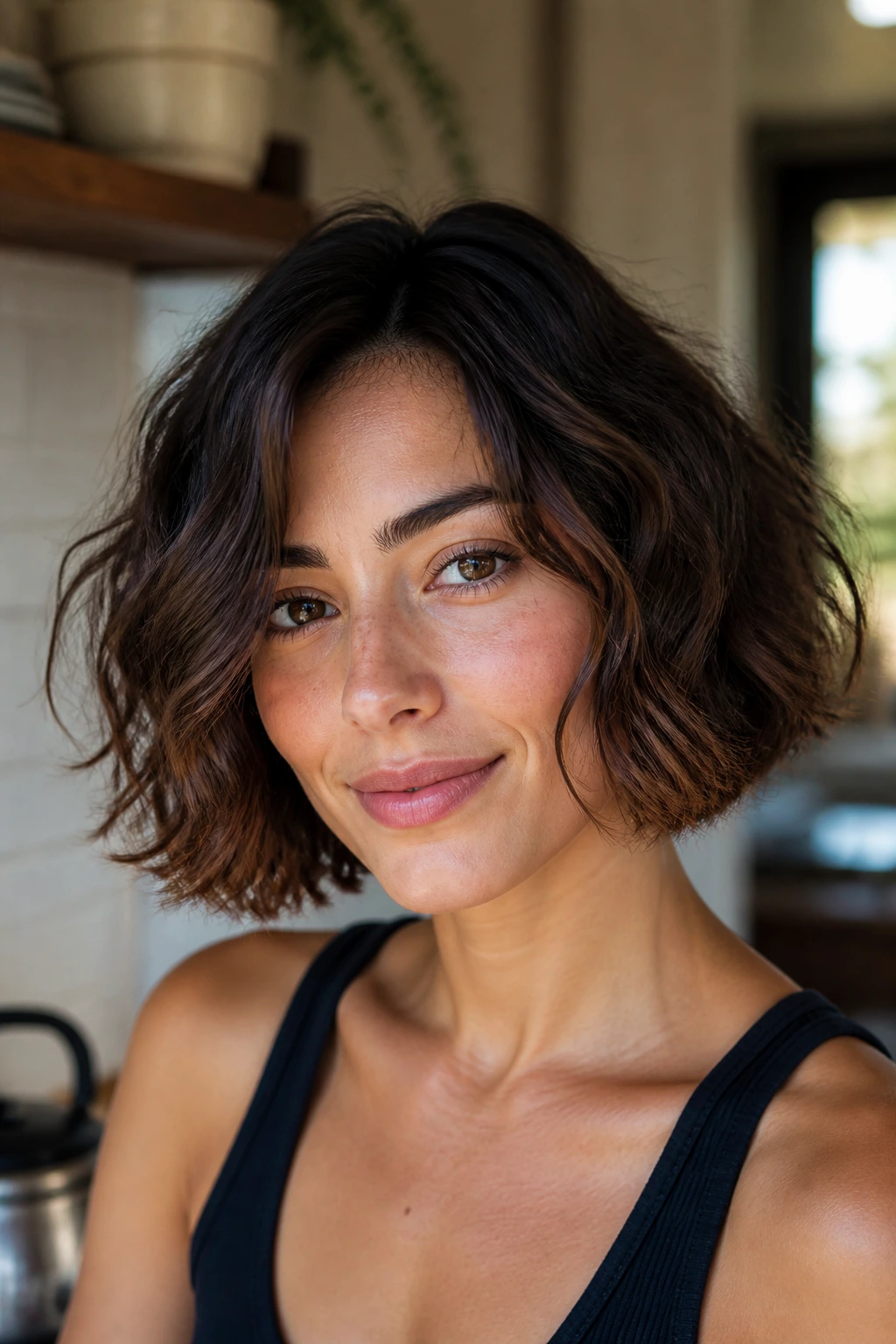 Portrait of a woman with chin-length wave-setter bob and visible waves