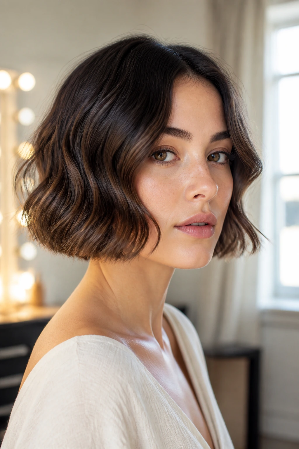 Close-up of chin-length Italian bob with soft S-waves on a real person in a bright dressing room