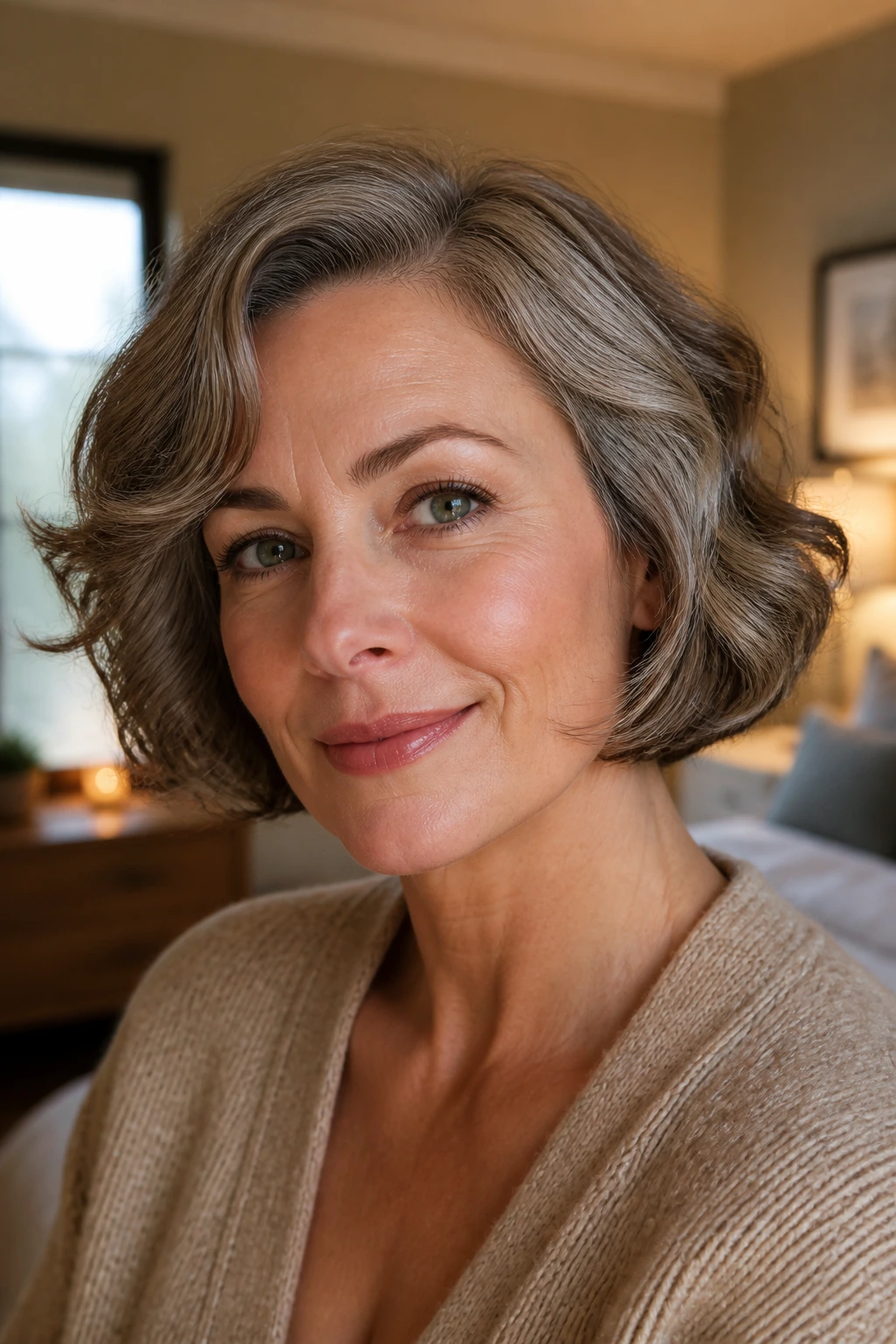 Close-up of a real woman with chin-length curved waves following the jawline.